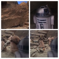 EXTERIOR: TATOOINE -- ROCK CANYON -- FLOOR -- DAY. Artoo forces himself into the shadows of a small alcove in the rocks as the vicious Sandpeople walk past carrying the unconscious Luke Skywalker, who is dropped in a heap besides the speeder. #starwars #anhwt #starwarstoycrew #jbscrew #blackdeathcrew #starwarstoypix #starwarstoyfigs #toyshelf 